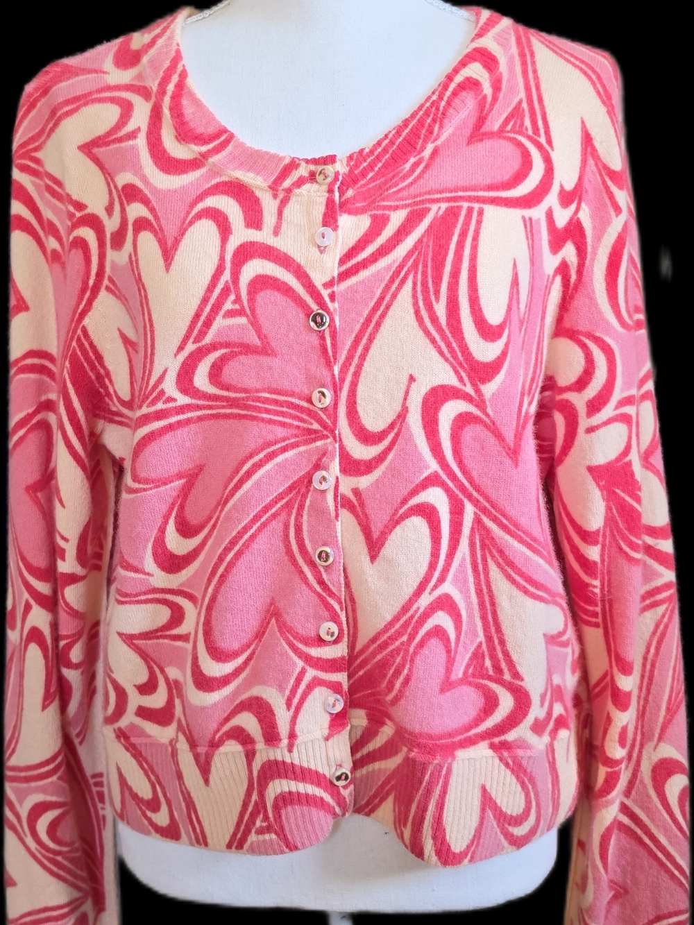 Free People Pink & Light Pink Heart Motif Button Cardigan